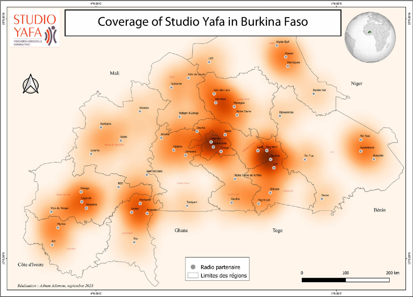 Map of Burkina Faso showing Studio Yafa's network of partner radio stations and its broadcasting area.